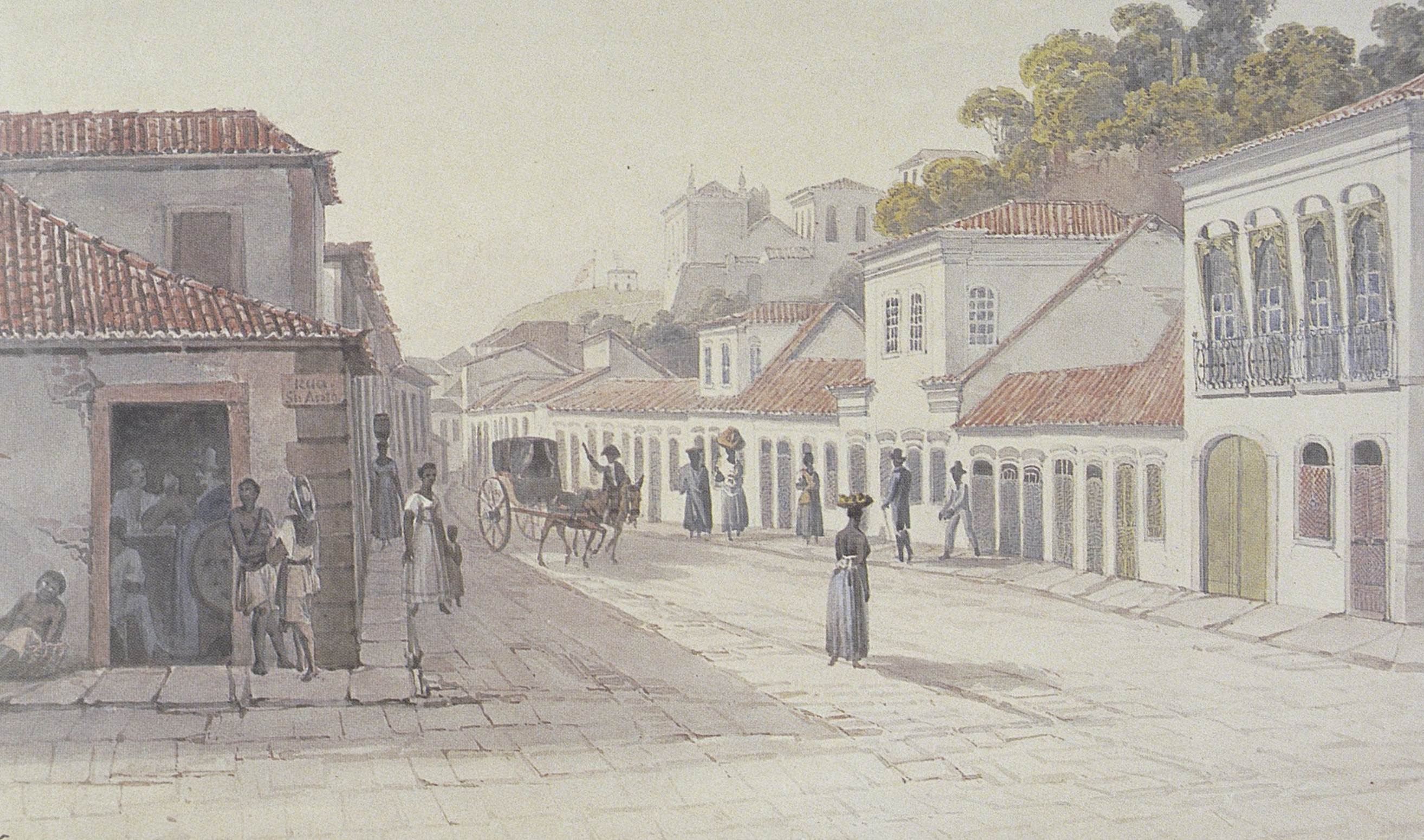 Rua do Piolho [1817], hoje da Carioca, situada no centro do Rio de Janeiro, em aquarela de Thomas Ender