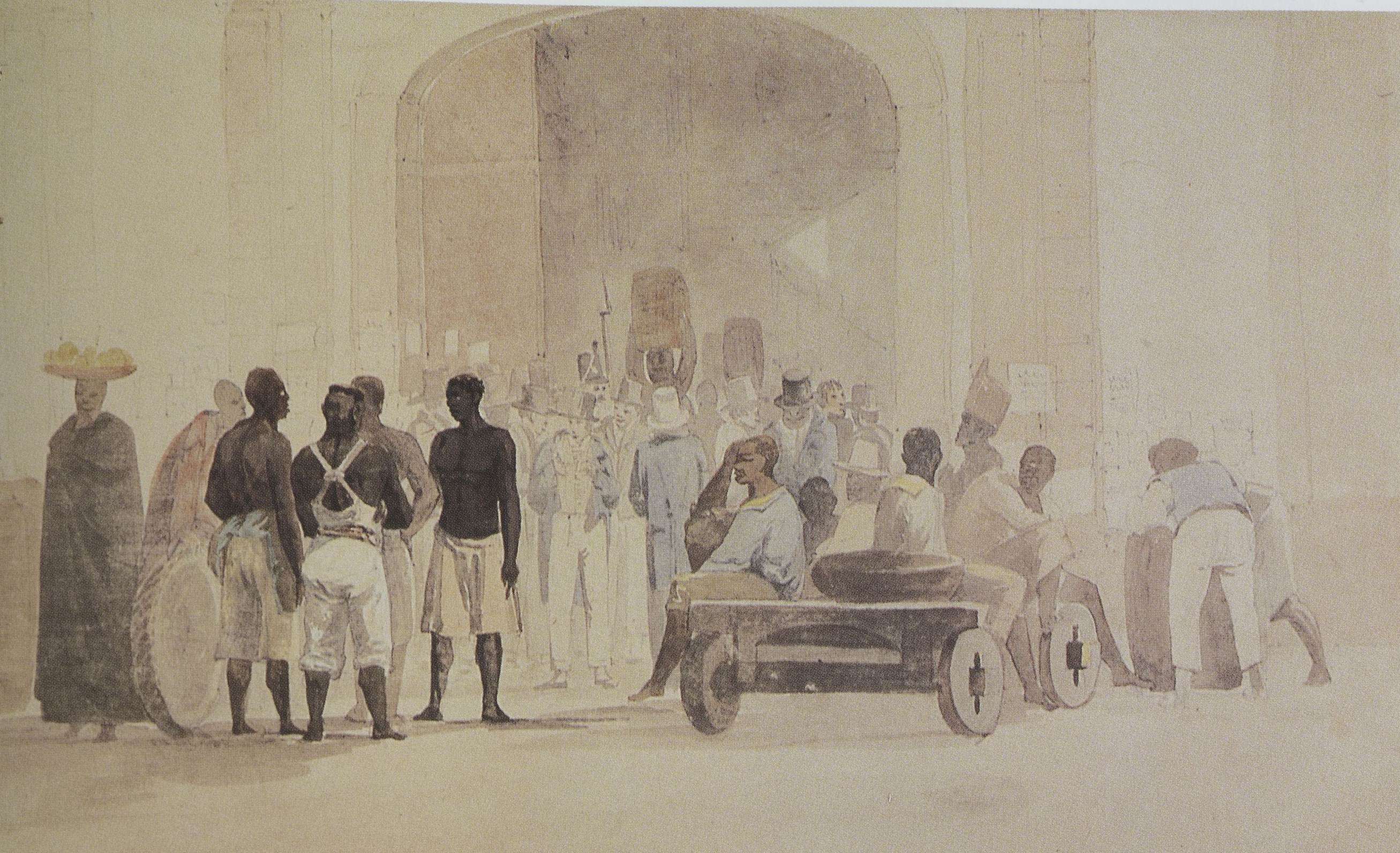 Portão da Alfândega do mercado principal do Rio de Janeiro, na rua Direita, atual Primeiro de Março, século XIX, em aquarela de Thomas Ender