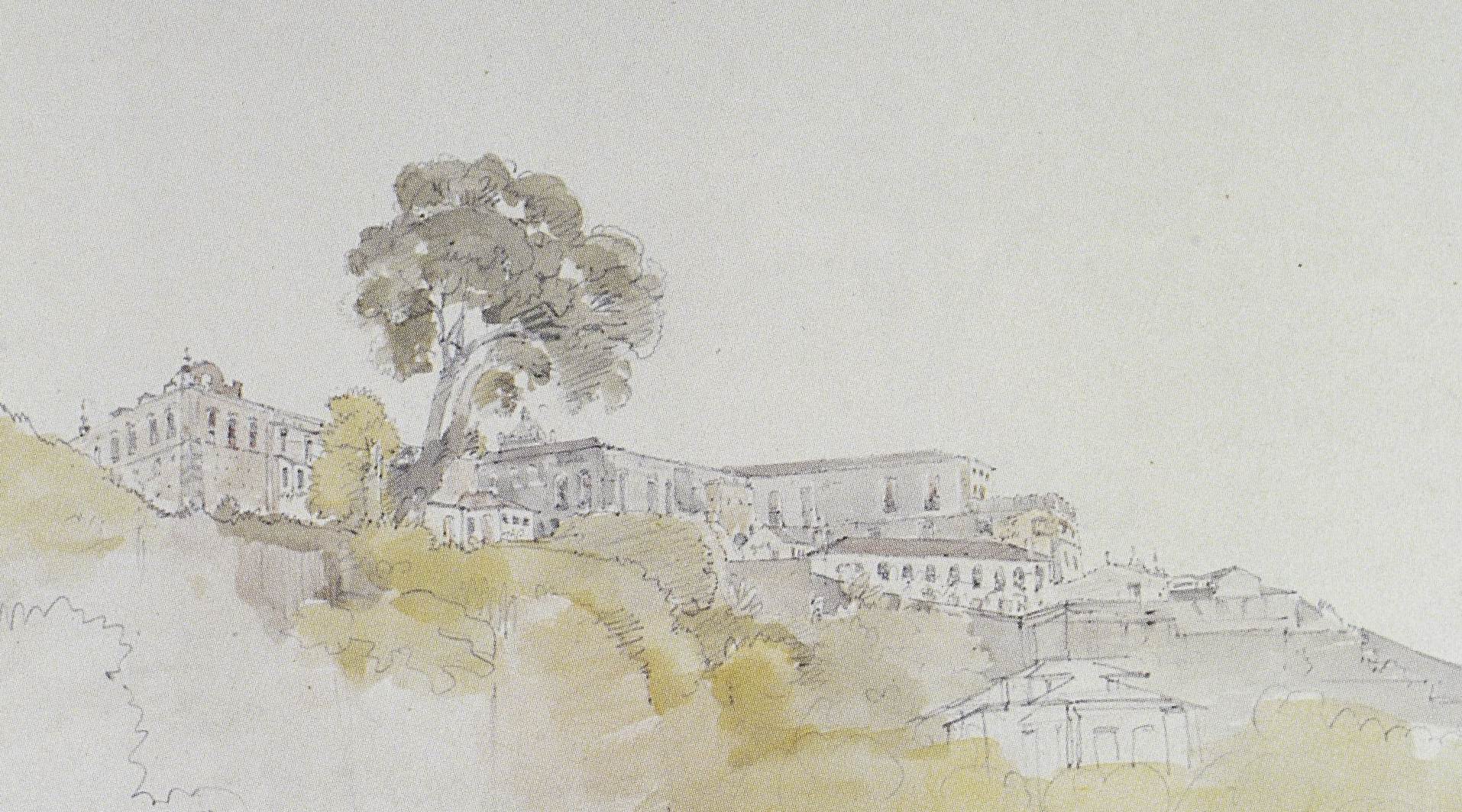 O Hospital Militar desenhado da praia de Santa Luzia em aquarela de Thomas Ender (1793-1875)