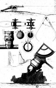 Esboço explicativo referente à pontaria, ao transporte e às hastes de tração de um canhão, em prancha da Enciclopédia iluminista de Diderot e d’Alembert, publicada em Paris de 1751 a 1772