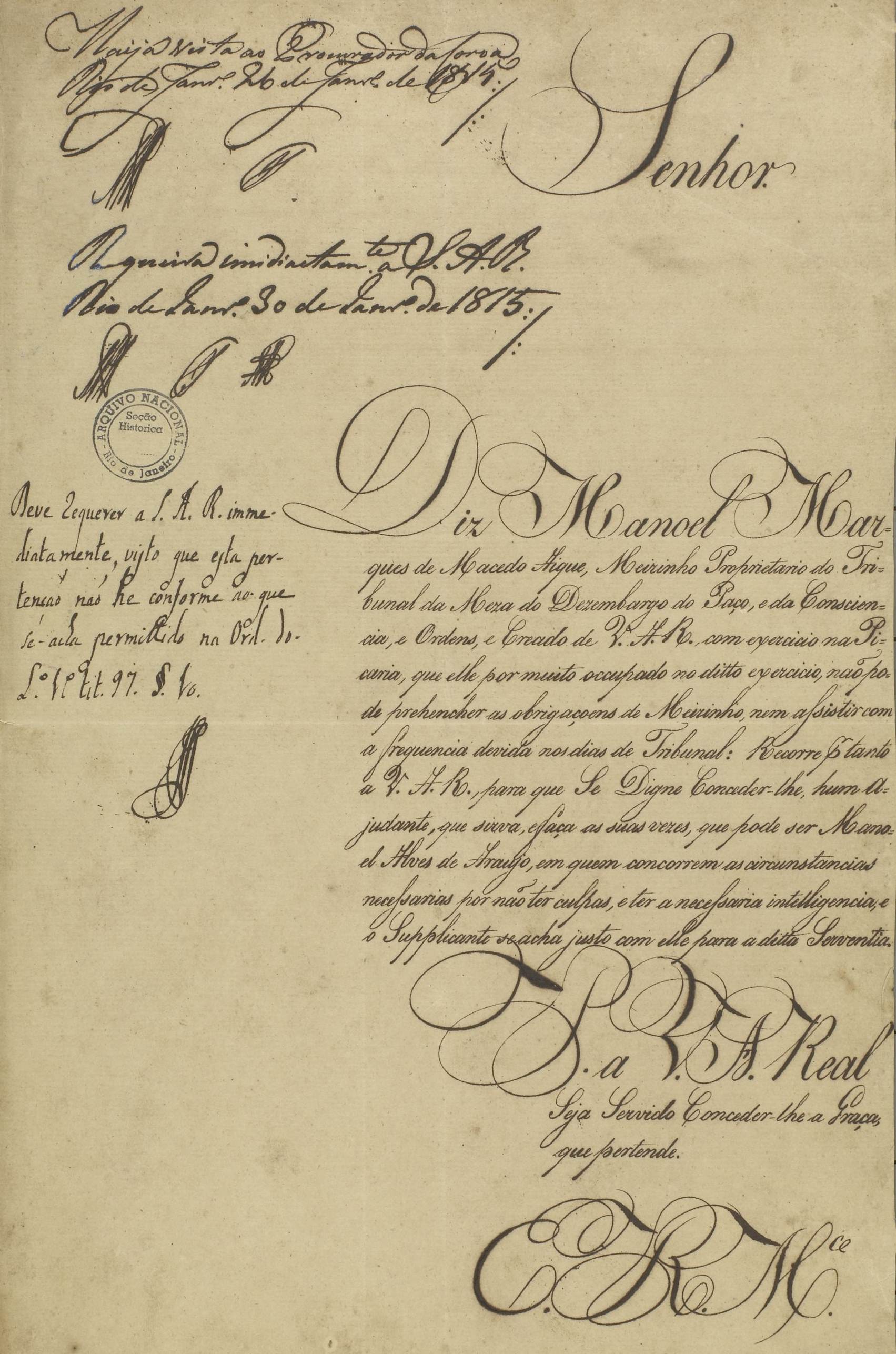 Pedido de graça de Manoel Marques de Macedo, ajudante do ofício de meirinho da Mesa do Desembargo do Paço, 1815 