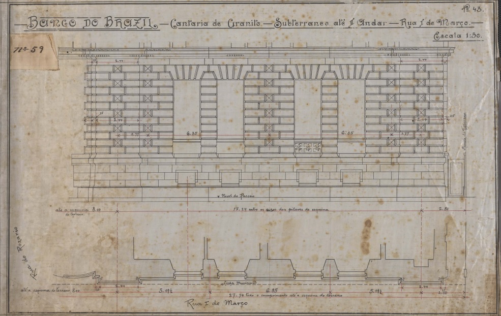 Detalhe do projeto do edifício do Banco do Brasil na rua Primeiro de Março, Centro do Rio de Janeiro, 1892-1894