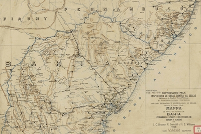 Mapa de Sergipe e Alagoas e parte dos estados da Bahia, Pernambuco e Piauí mostrando as principais ferrovias e estradas, 1908 