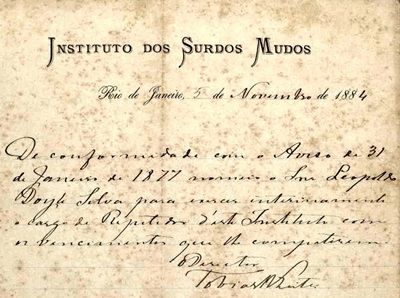 Nomeação de Leopoldo Doyle Silva para ocupar interinamente o cargo de repetidor do Instituto Nacional dos Surdos-Mudos,1884.
