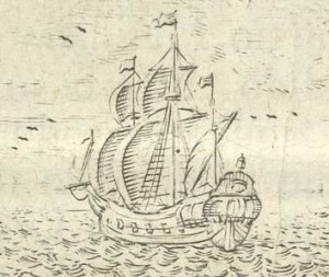 Navio que identifica os trinta e dois ventos relacionados aos rumos marcados na agulha de marear, localizado na parte central da imagem da rosa dos ventos do livro de Manuel Pimentel, Arte de Navegar, 1762 [detalhe]