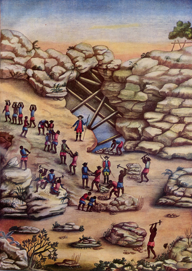 Escravos trabalhando na extração de diamantes, do álbum de aquarelas de Calos Julião, século XVIII