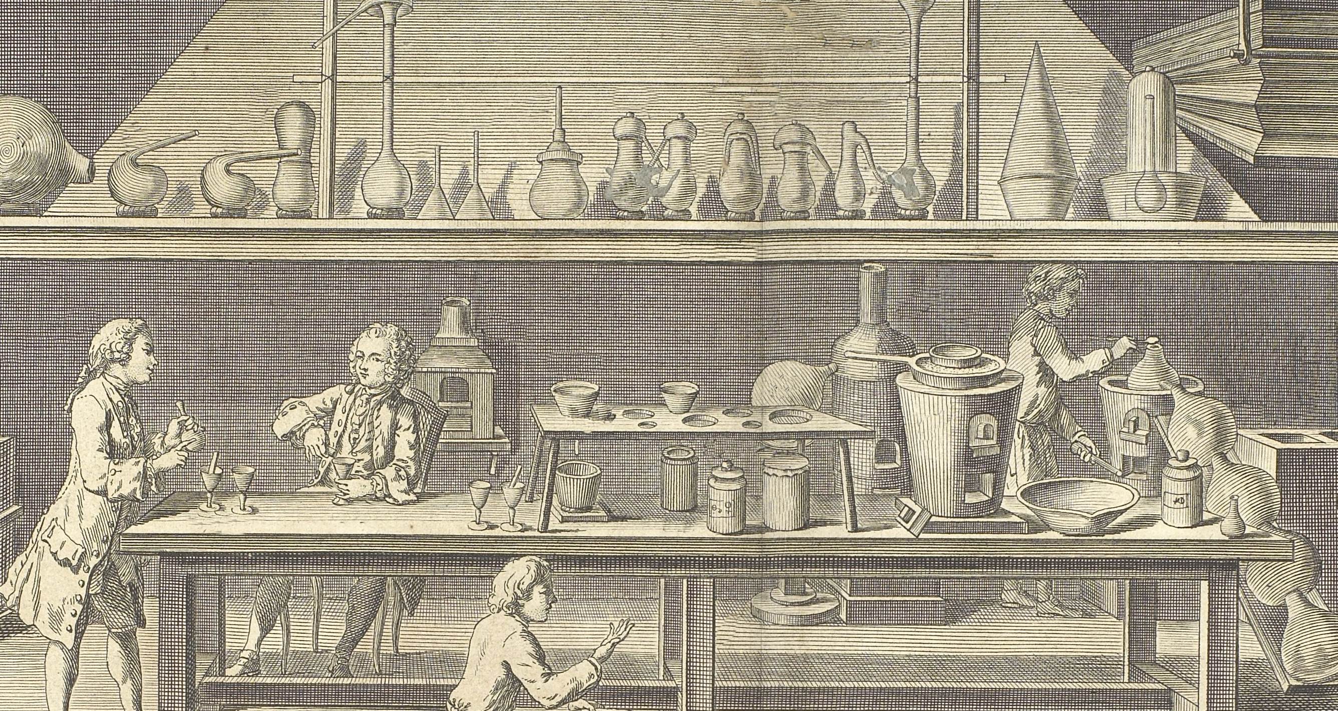 Laboratório de química e seus equipamentos, em prancha incluída na Enciclopédia iluminista de Diderot e d’Alembert, publicada em Paris, de 1751 a 1772 [detalhe]