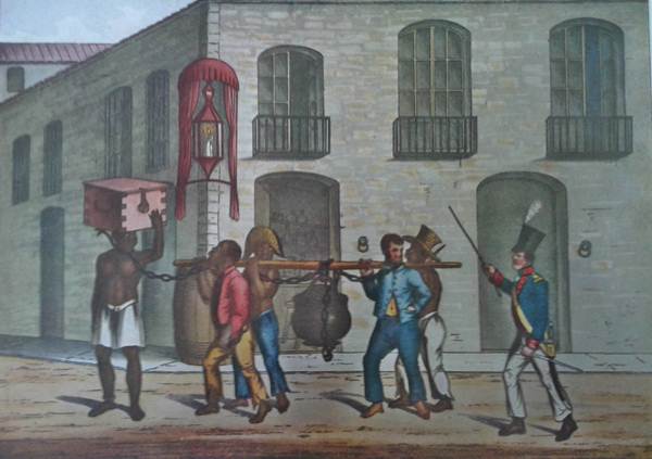 Condenados levando mantimentos para a prisão no Rio de Janeiro, 1819-1820, em litografia colorida a partir de desenho de Henry Chamberlain