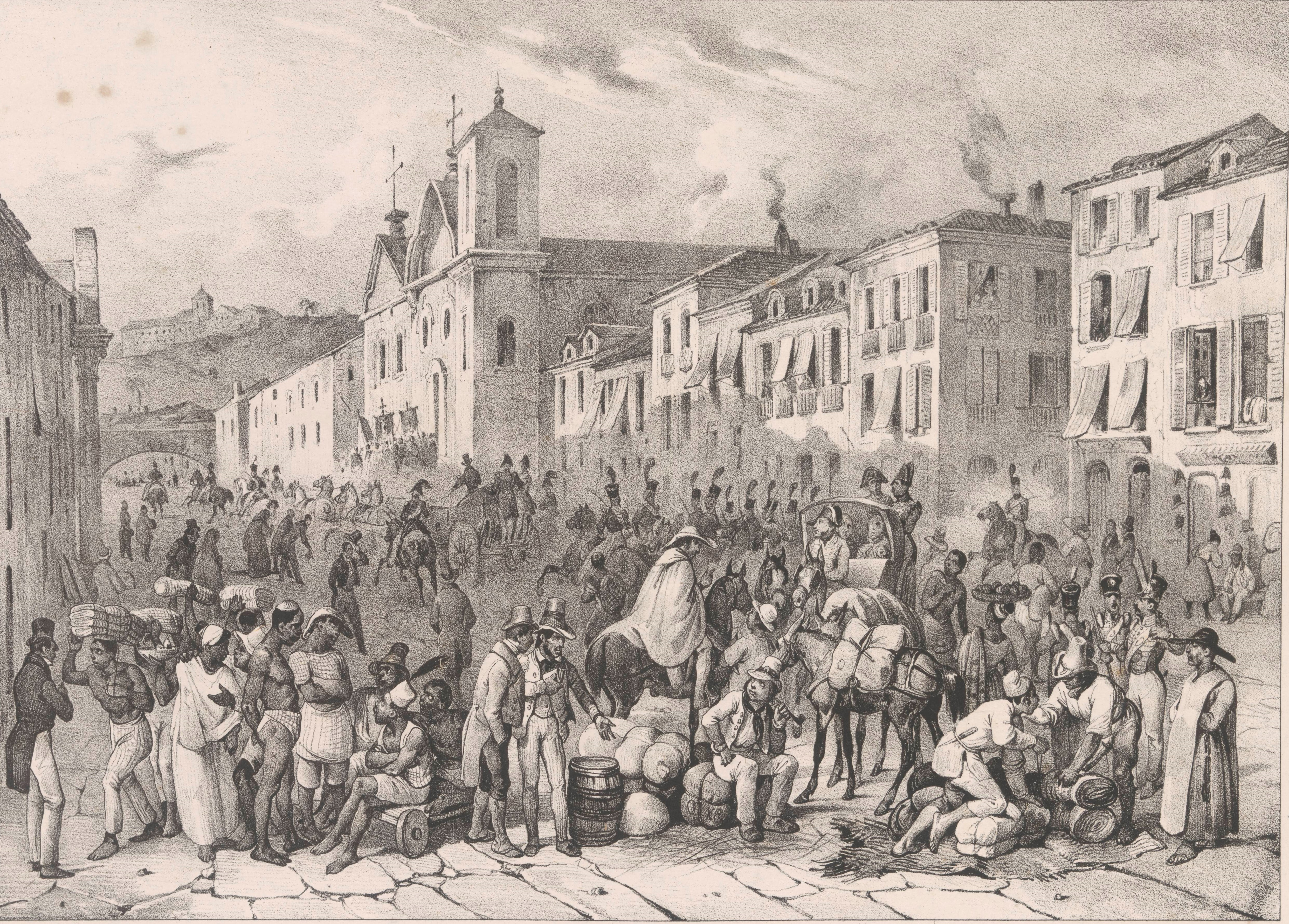 Rua Direita, Rio de Janeiro, década de 1820, em litografia a partir de desenho original de Johann Moritz Rugendas, incluída no álbum Viagem pitoresca de 1835