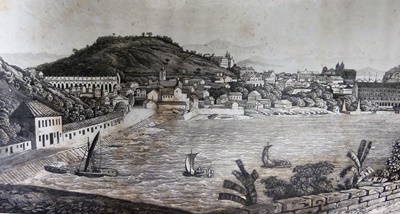 Vista do Rio de Janeiro a partir do Morro da Glória na década de 1820, desenhado por Maria Graham (1785-1842).
