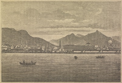 Vista do edifício da Praça do Comércio do Rio de Janeiro, inaugurado em 1820, que passou a abrigar a Alfândega a partir de 1824.
