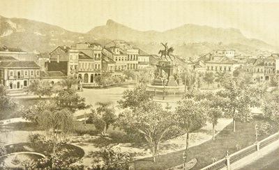 Praça da Constituição, atual Tiradentes, onde se localizavam os principais teatros da cidade, o Real Teatro de São João (1813), hoje João Caetano, e o Theatre Franc-Brésiliene (1872), atual Carlos Gomes.
