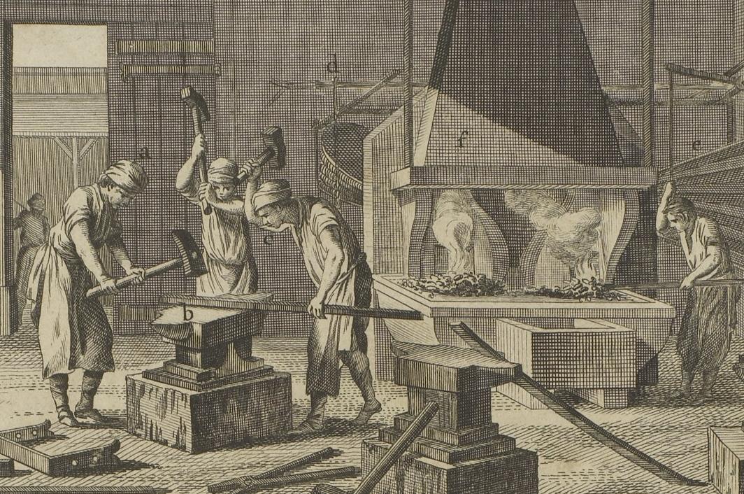 Oficina de fabricação de objetos de ferro, serralheria, em prancha da Enciclopédia iluminista de Diderot e d’Alembert, publicada em Paris de 1751 a 1772