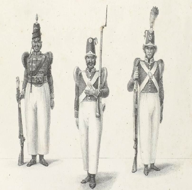 Militares em litografia incluída no livro Viagem pitoresca, publicado em 1839, de Jean-Baptiste Debret (1768-1848)