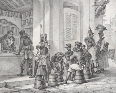 Comerciante de tabaco, em litogravura incluída no álbum Viagem pitoresca, publicado em 1835, de Jean-Baptiste Debret