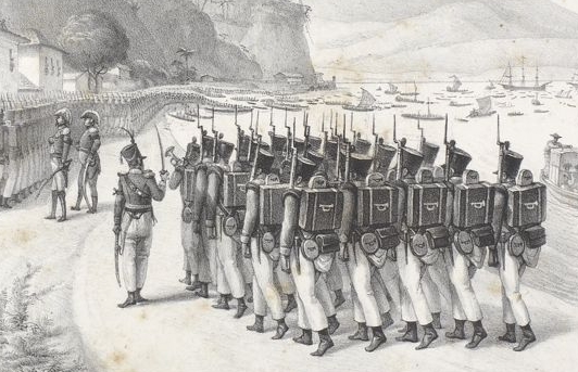 Embarque das tropas na Praia Grande de Niterói destinadas ao bloqueio de Montevidéu, em aquarela incluída no álbum Viagem pitoresca, publicado em 1839, de Jean-Baptiste Debret