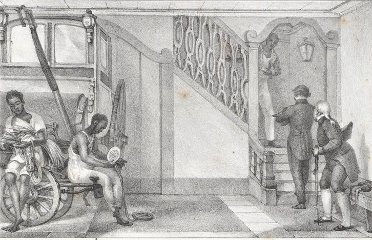 Gravura da parte baixa de uma casa de ‘gente abastada’, incluída no álbum Brasil pitoresco, publicado em 1839, de Jean-Baptiste Debret. 