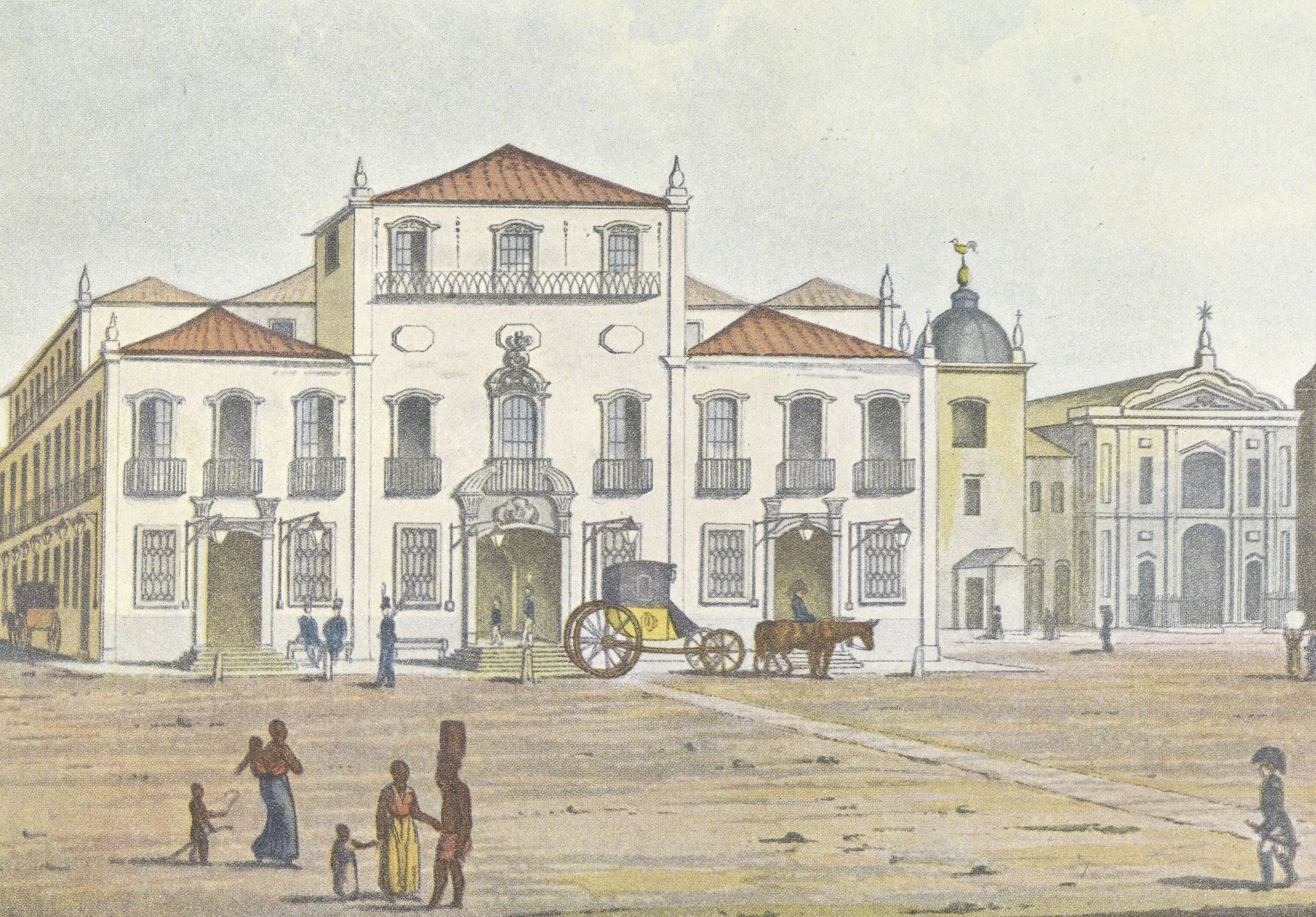 Paço Imperial, Rio de Janeiro, 1819-1820, em litografia colorida a partir de desenho de Henry Chamberlain