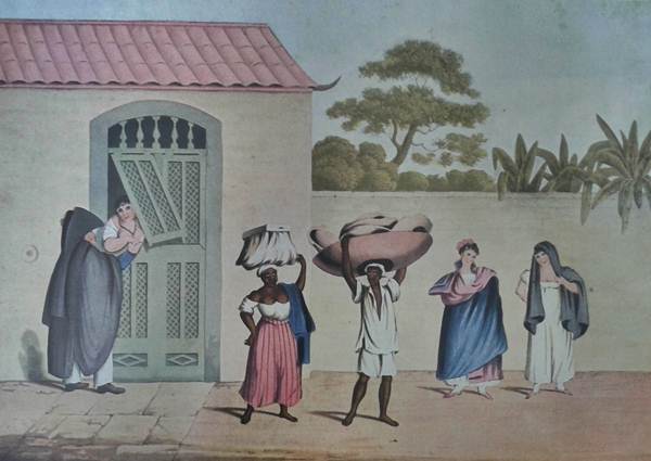 Cena no subúrbio do Rio de Janeiro, mostrando escravos vendedores de mercadorias, nas décadas de 1810-1820, em litografia colorida a partir de desenho de Henry Chamberlain