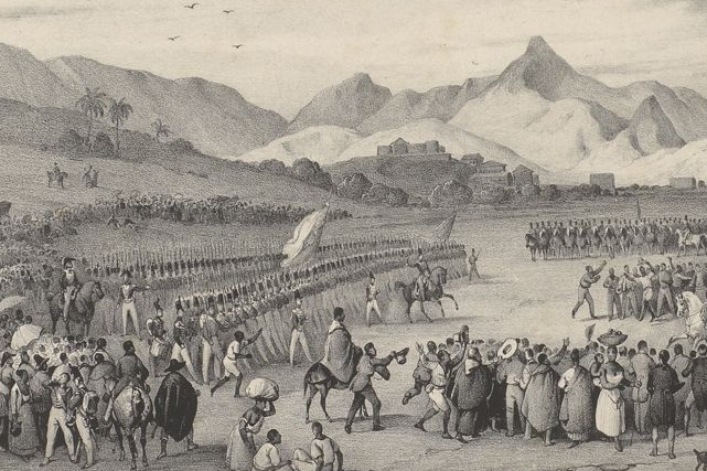 Litografia mostrando o movimento de tropas do exército brasileiro no campo de São Cristóvão, no Rio de Janeiro, a partir de desenho de Johann Moritz Rugendas, incluída no álbum Viagem pitoresca publicado em 1835 [detalhe]