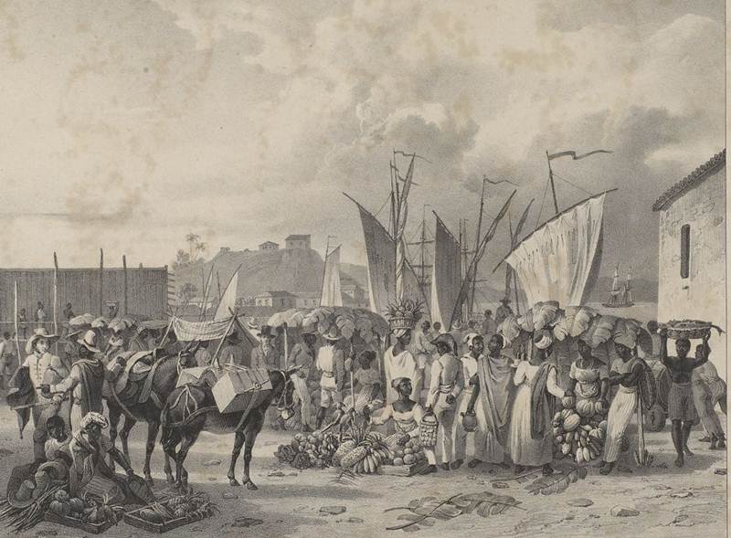 Mercado no porto da Praia dos Mineiros, década de 1820, hoje região situada entre a Candelária e o Morro de São Bento, Rio de Janeiro