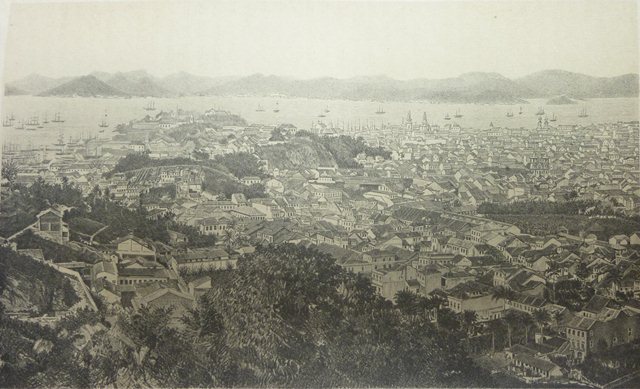 Vista do Rio de Janeiro, em litografia do livro Brasil: terra e gente, de Oscar Cansttat, publicado na década de 1870.