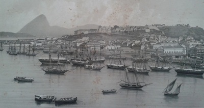 Litografia do panorama do Rio de Janeiro, mostrando o cosmopolitismo da cidade, a partir de fotografia de Victor Frond (1821-1881). 