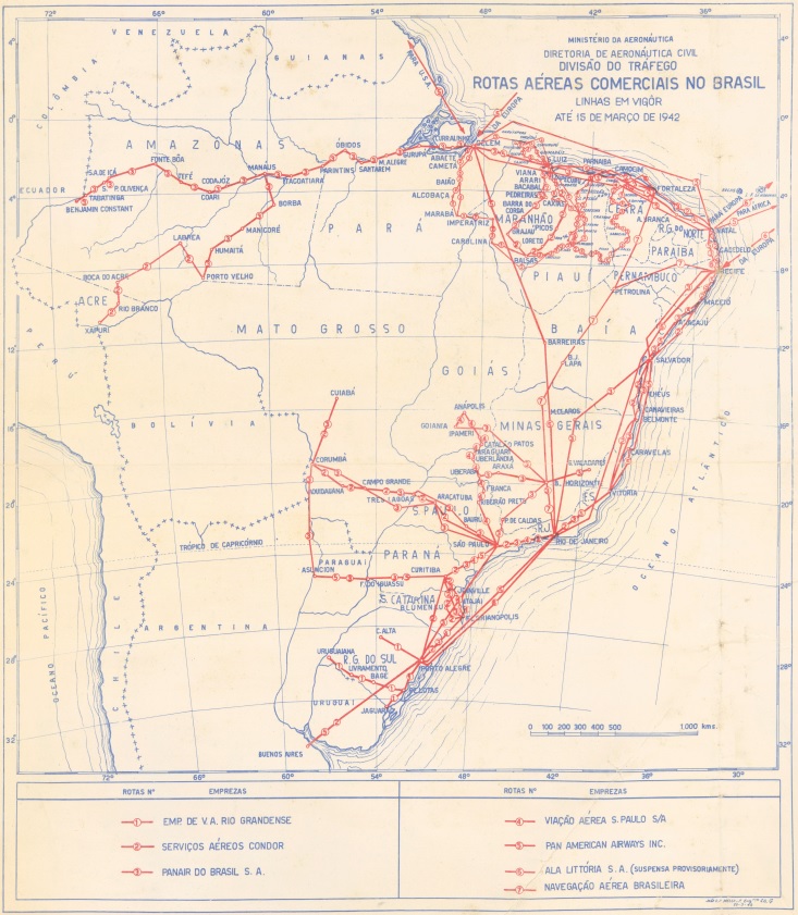 Mapa das rotas aéreas comerciais que operavam no Brasil em 1942