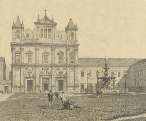 Litografia do Colégio dos Jesuítas, no Terreiro de Jesus, onde foi instalada a Escola de Cirurgia da Bahia em 1808, a partir de fotografia de Victor Frond (1821-1881)