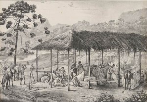 Imagem litografada do repouso de tropeiros incluída no livro Viagem pitoresca, publicado em 1839, de Jean-Baptiste Debret (1768-1848)