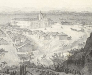 Imagem litografada do castelo imperial de Santa Cruz, incluída no livro Viagem pitoresca, publicado em 1839, de Jean-Baptiste Debret (1768-1848)